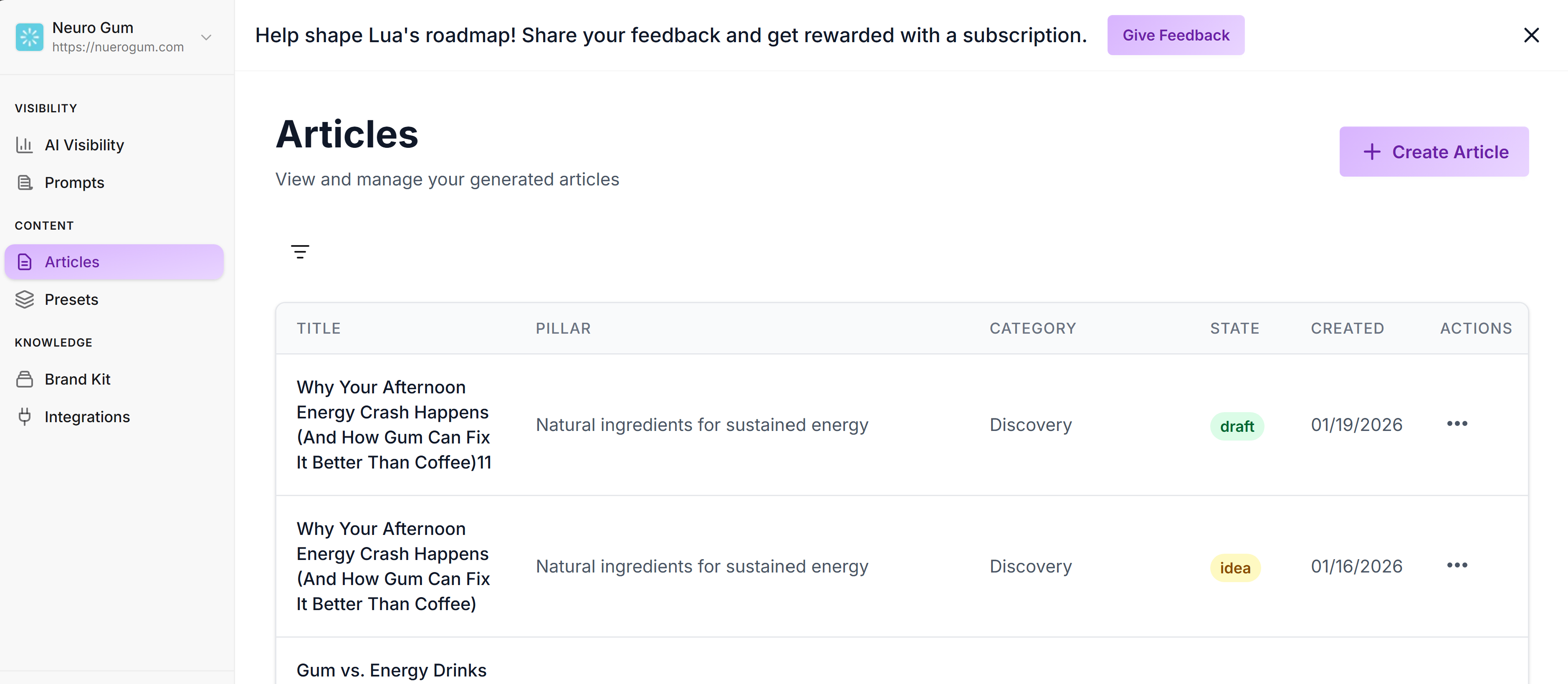 Articles dashboard screenshot